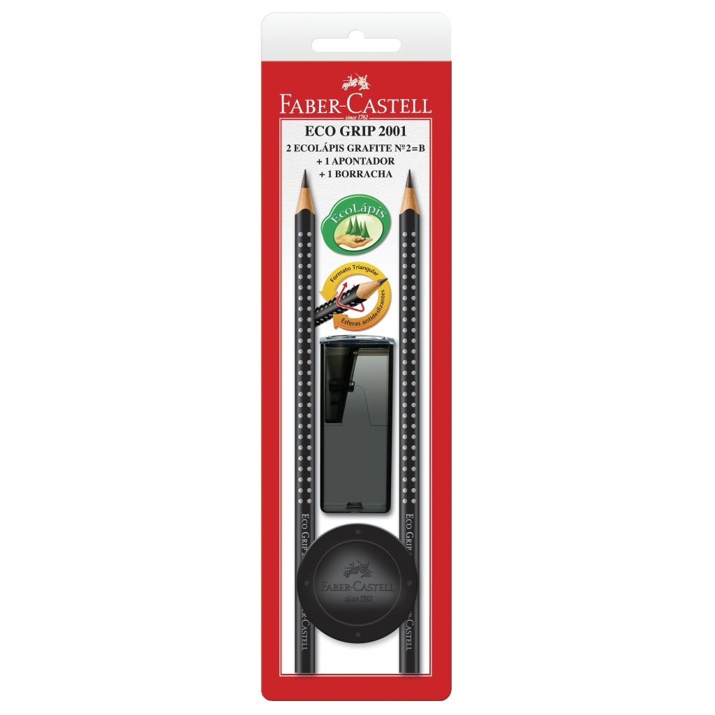 Blister Set con 2 EcoLápices Grip 2001, 1 borrador y 1 sacapuntas Negro
