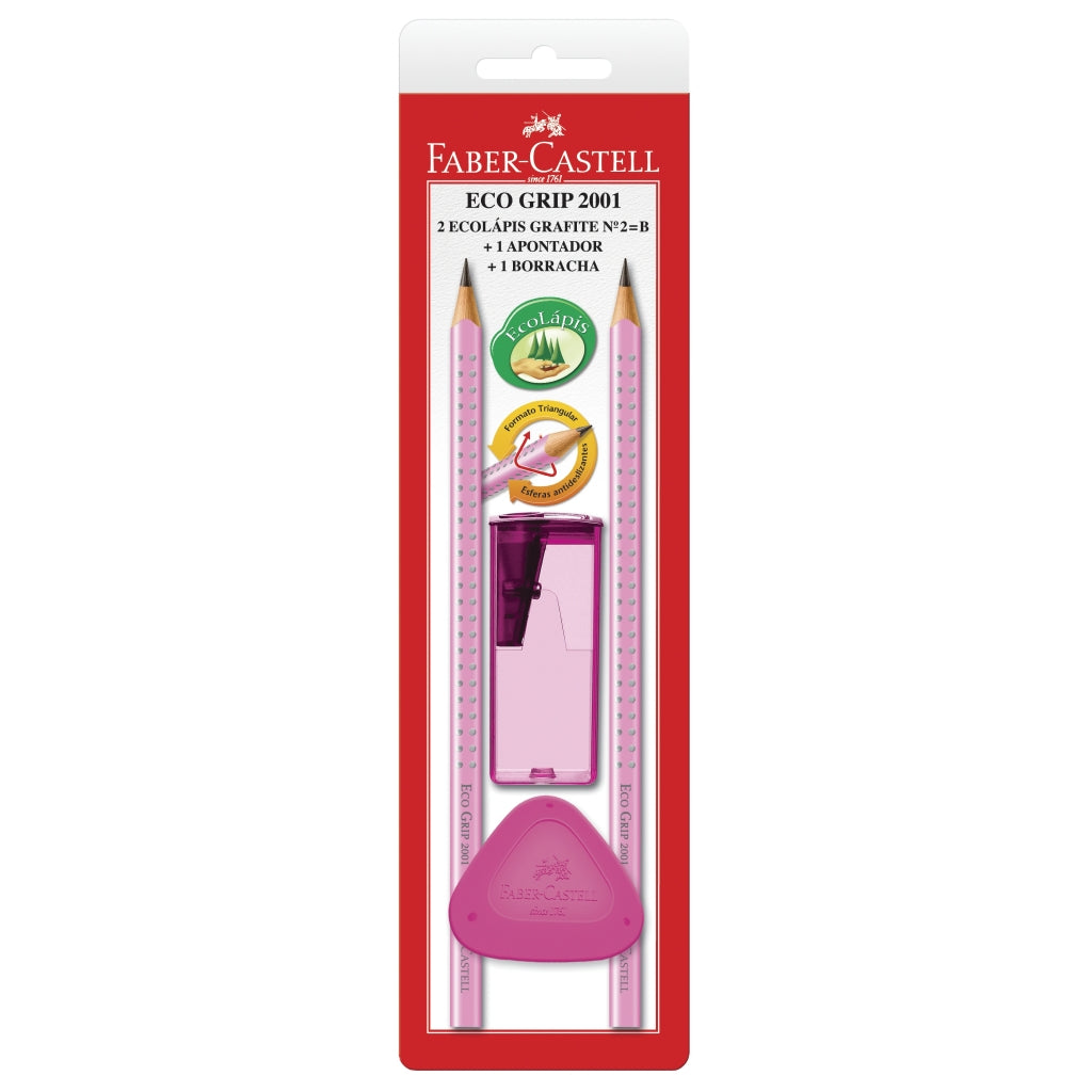 Blister Set con 2 EcoLápices Grip 2001, 1 borrador y 1 sacapuntas Rosado