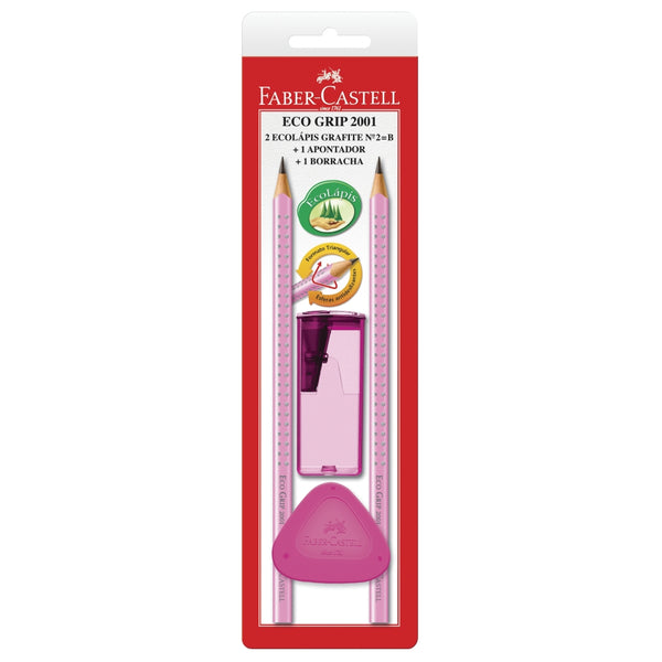Blister Set con 2 EcoLápices Grip 2001, 1 borrador y 1 sacapuntas Rosado