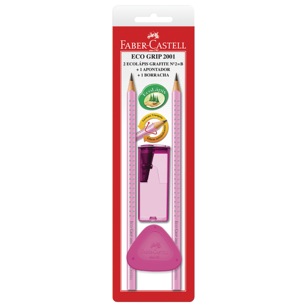 Blister Set con 2 EcoLápices Grip 2001, 1 borrador y 1 sacapuntas Rosado
