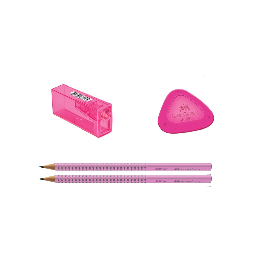 Blister Set con 2 EcoLápices Grip 2001, 1 borrador y 1 sacapuntas Rosado