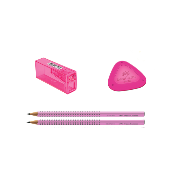 Blister Set con 2 EcoLápices Grip 2001, 1 borrador y 1 sacapuntas Rosado
